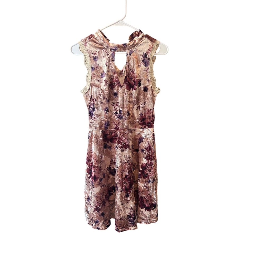 Xhilaration Floral Velvet Mini Dress Sleeveless Mock Neck Lace Trim M‎